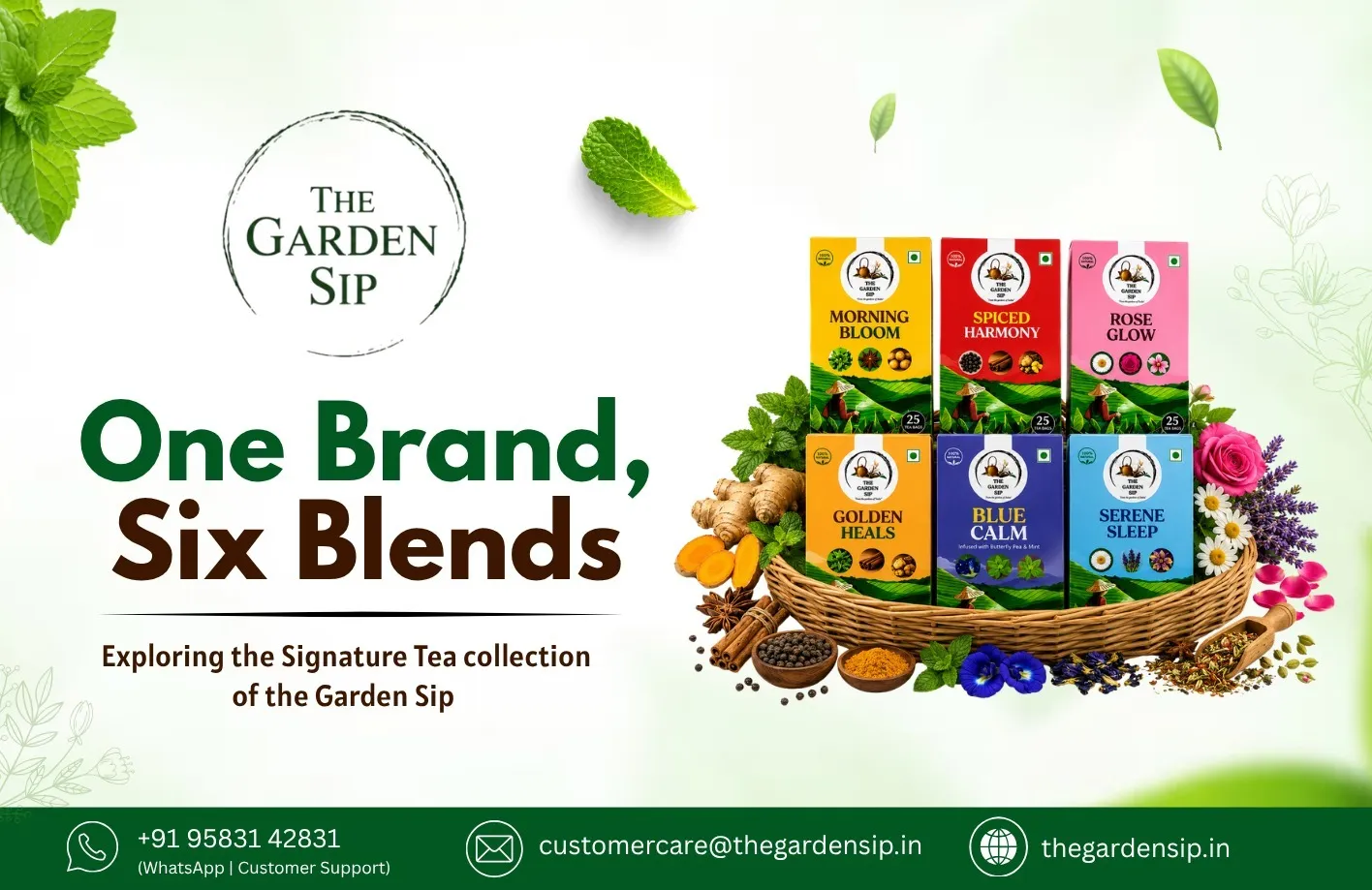 The Garden Sip's six herbal tea blends including Better Sleep, Immunity Boost, and Skin Glow